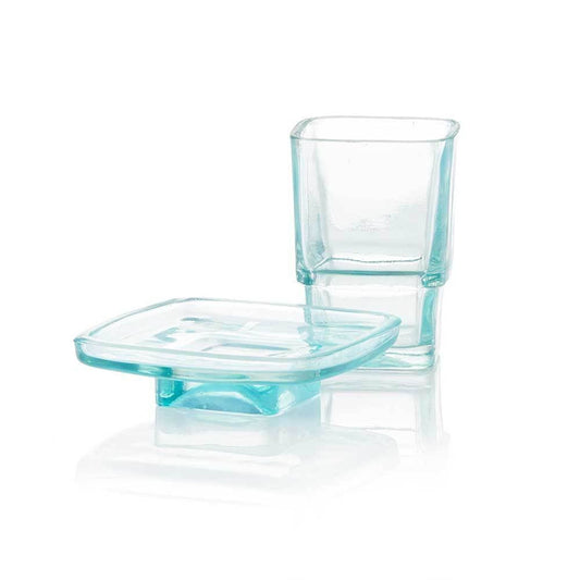 Teal Recycled Glass Cup & Dish Bathroom Set