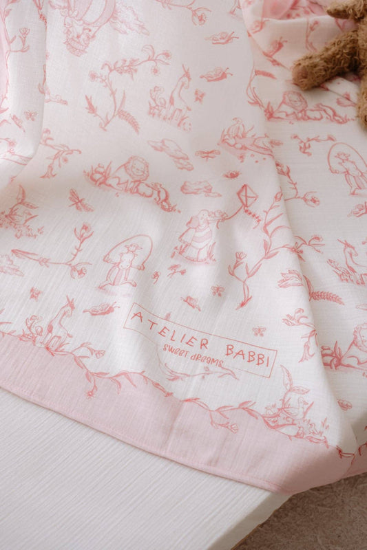 Pink Double-Layer Muslin Blanket - Toile De Jouy 27.5” x 27.5”