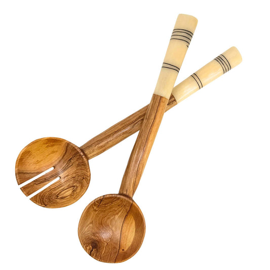 Olive Wood Serving Set with Striped Bone Handles