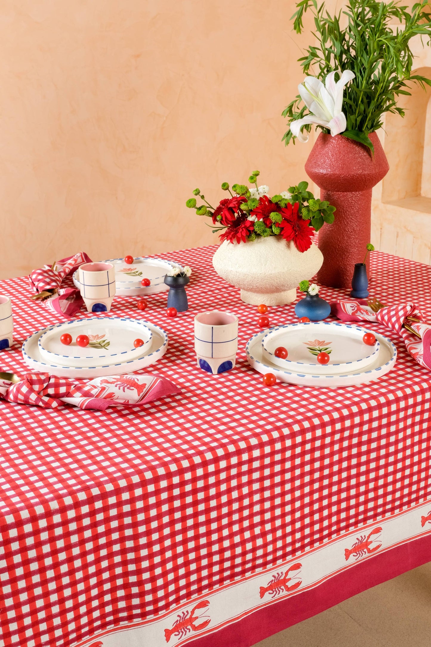 Lobster Red Gingham Blockprint Tablecloth: 70x120
