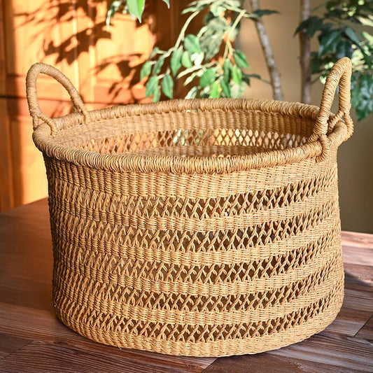 Natural Grass Lace Weave Floor Basket with Handles