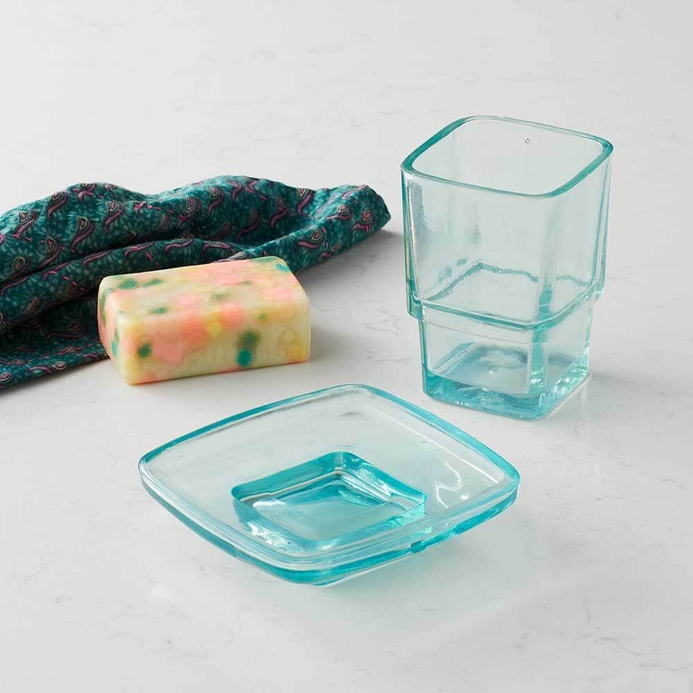 Teal Recycled Glass Cup & Dish Bathroom Set