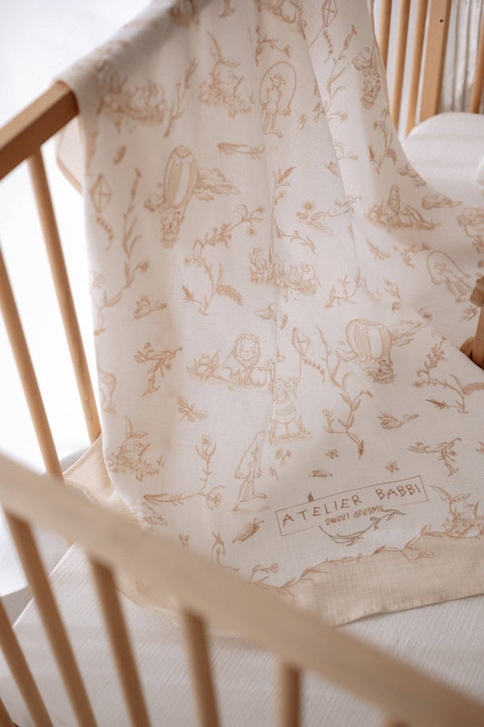 Beige Double-Layer Muslin Blanket - Toile De Jouy 27.5” x 27.5”