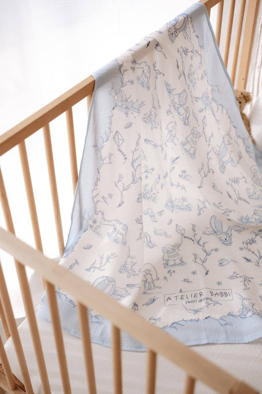 Blue Double-Layer Muslin Blanket - Toile De Jouy 27.5” x 27.5”