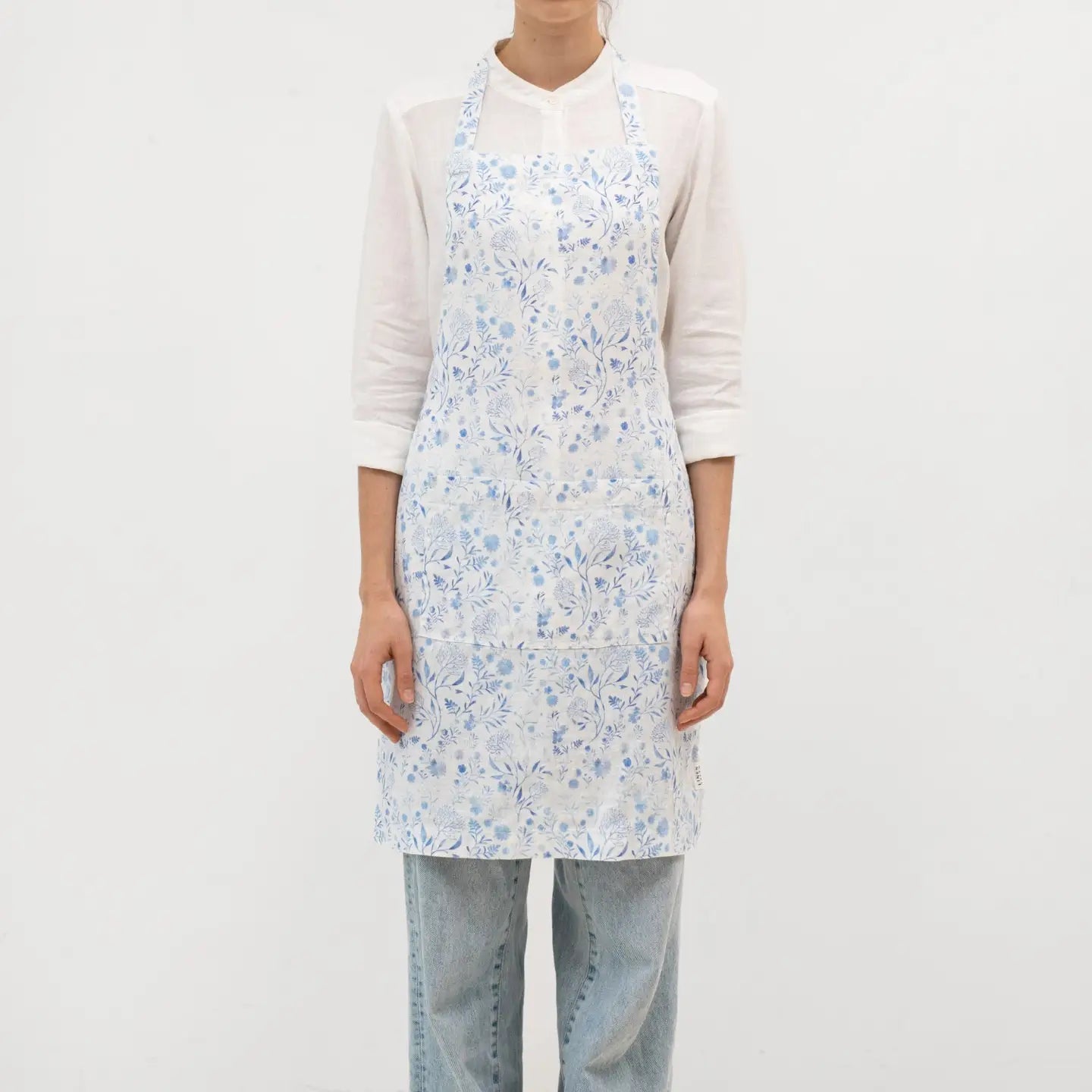 Blue and White Floral Linen Apron