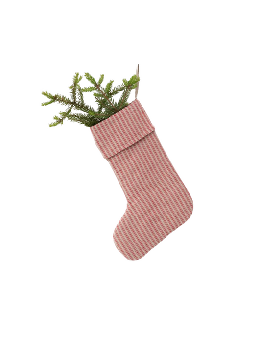 Red Natural Stripes Linen Christmas Stocking