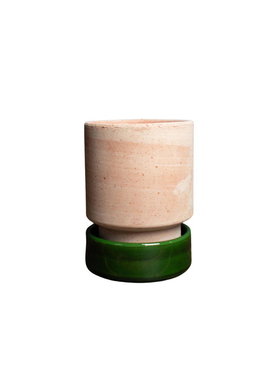 Hoff Raw Rosa Pot & Glazed Emerald Green Saucer