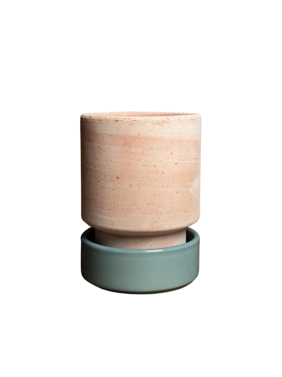 Hoff Raw Rosa Pot & Glazed Misty Blue Saucer