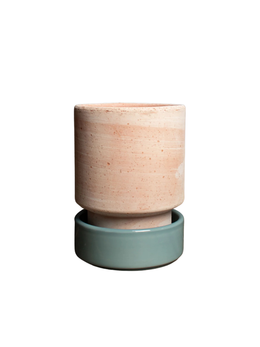 Hoff Raw Rosa Pot & Glazed Misty Blue Saucer