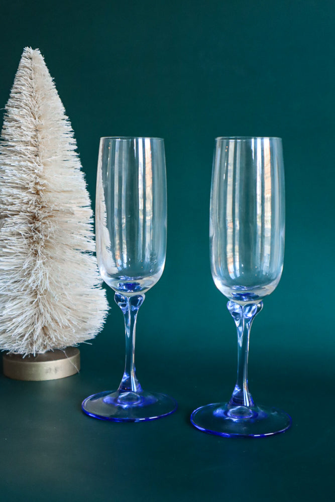 (Set of 2) Vintage Blue Stemmed Champagne Flutes
