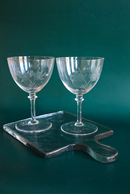 (Set of 2) Vintage Double Rose Etched Wine Glass