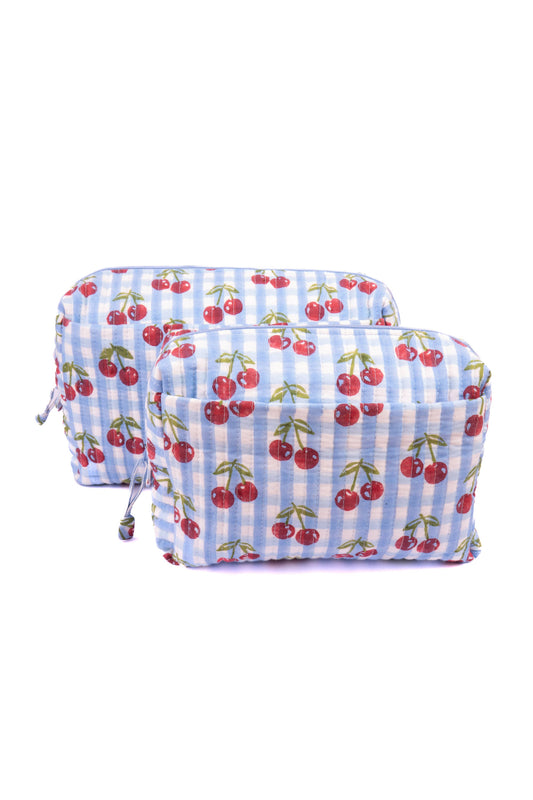 Cherry Makeup Bag in Blue Gingham Blockprint: Large