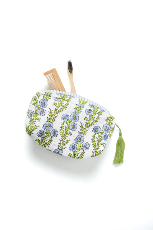 Forget-Me-Not Blockprint Makeup Bag in Blue - Small