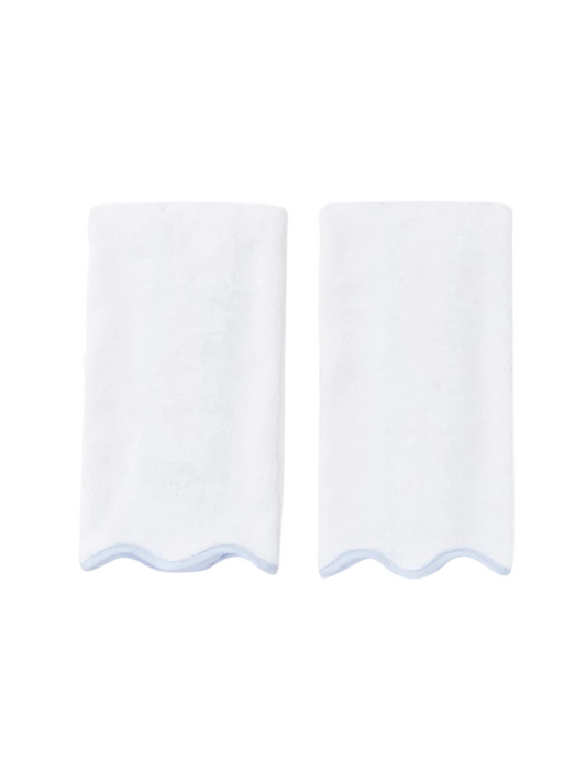 (Pair) Scallop Bath Hand Towels, Light Blue Piping