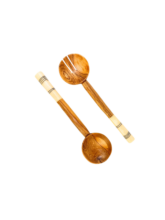 Olive Wood Serving Set with Striped Bone Handles