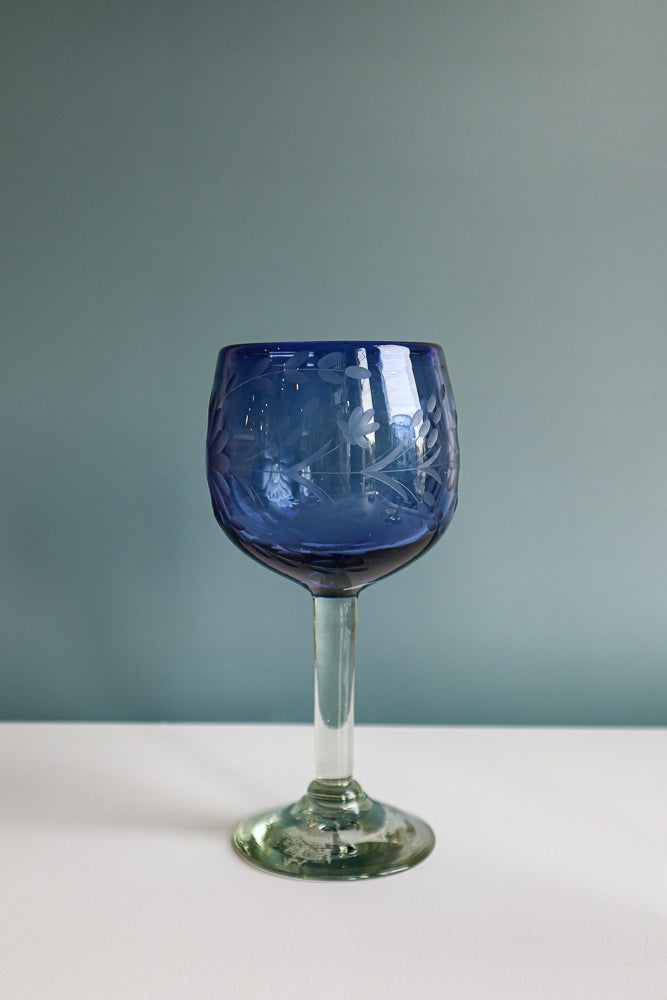 Etched Condessa French Blue Red Wine Glass
