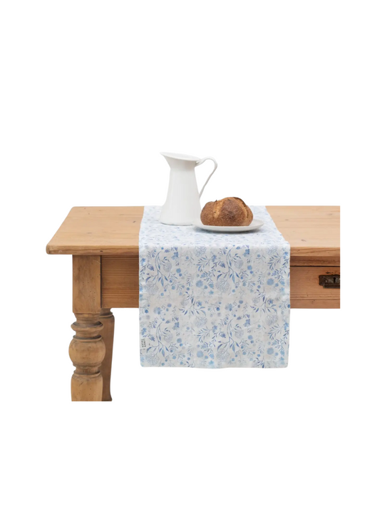 White Botanical Blue Linen Table Runner