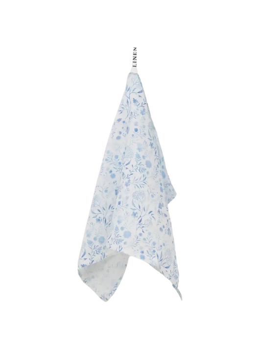 White and Blue Botanical Linen Tea Towel