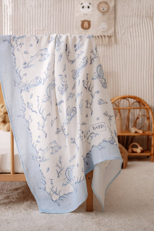 Blue Double-Layer Muslin Blanket - Toile De Jouy 27.5” x 27.5”