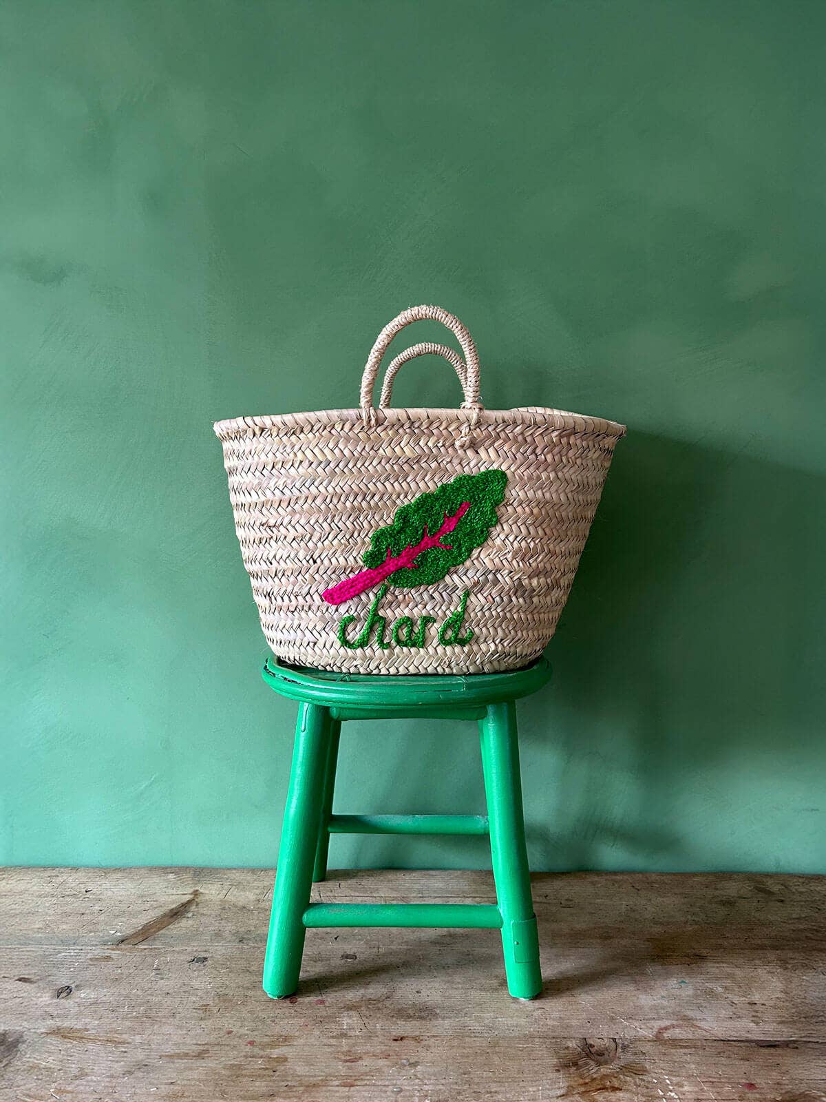 Hand Embroidered Market Basket, Chard