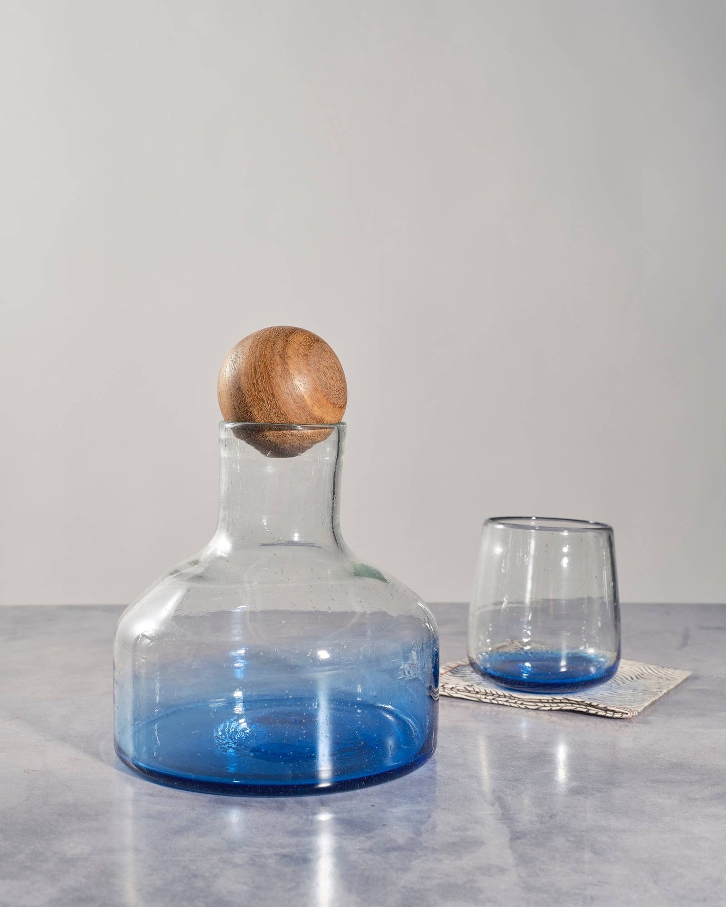 Blue Decanter with Wood Topper