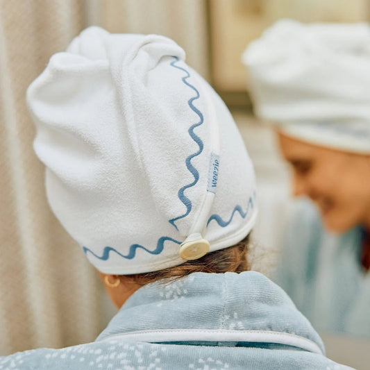 Hair Towel, French Blue Embroidered Wave