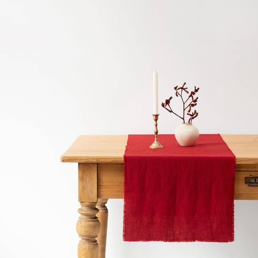 Red Linen Table Runner with Fringes