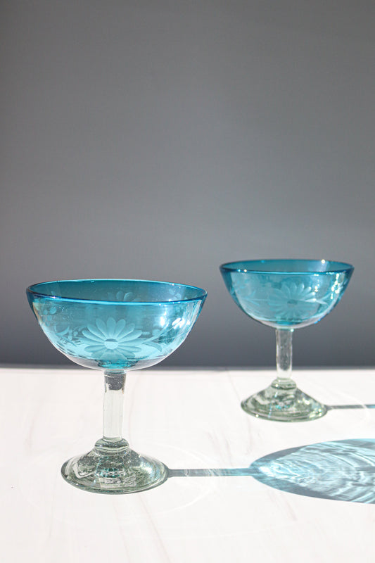 Etched Condessa Aqua Stemmed Margarita Glass