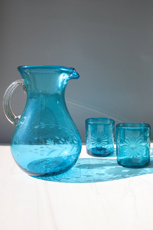 Etched Condessa Aqua Pear Pitcher