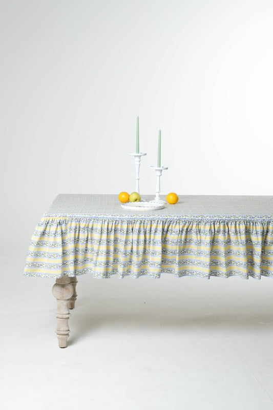 Provence Ruffled Blockprint Tablecloth in Butter Yellow: 60x90