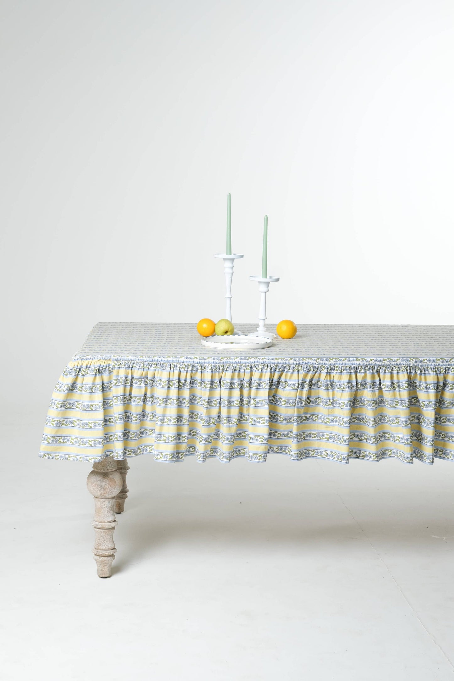 Provence Ruffled Blockprint Tablecloth in Butter Yellow: 70x120