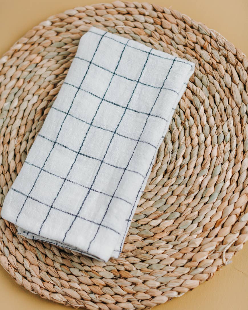 Stone Washed Linen Windowpane Plaid Napkins: Navy