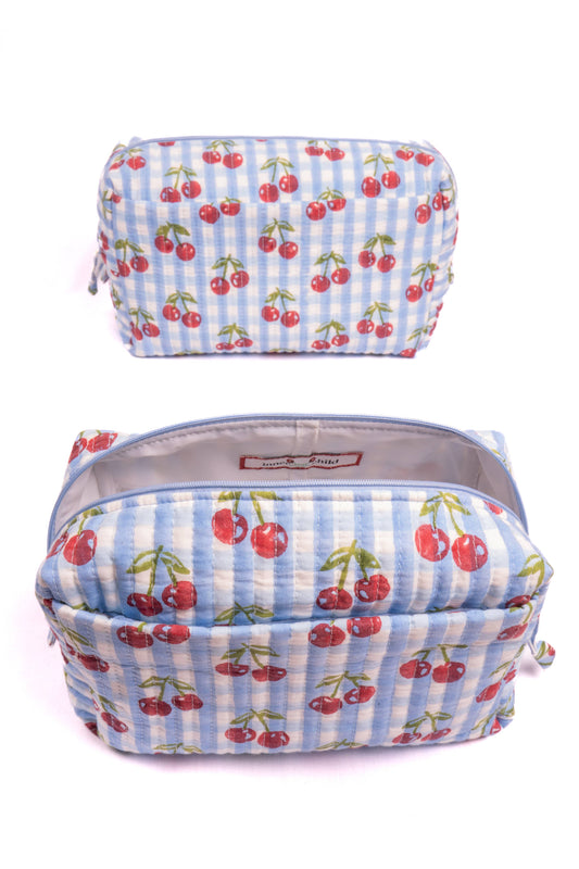 Cherry Makeup Bag in Blue Gingham Blockprint: Medium