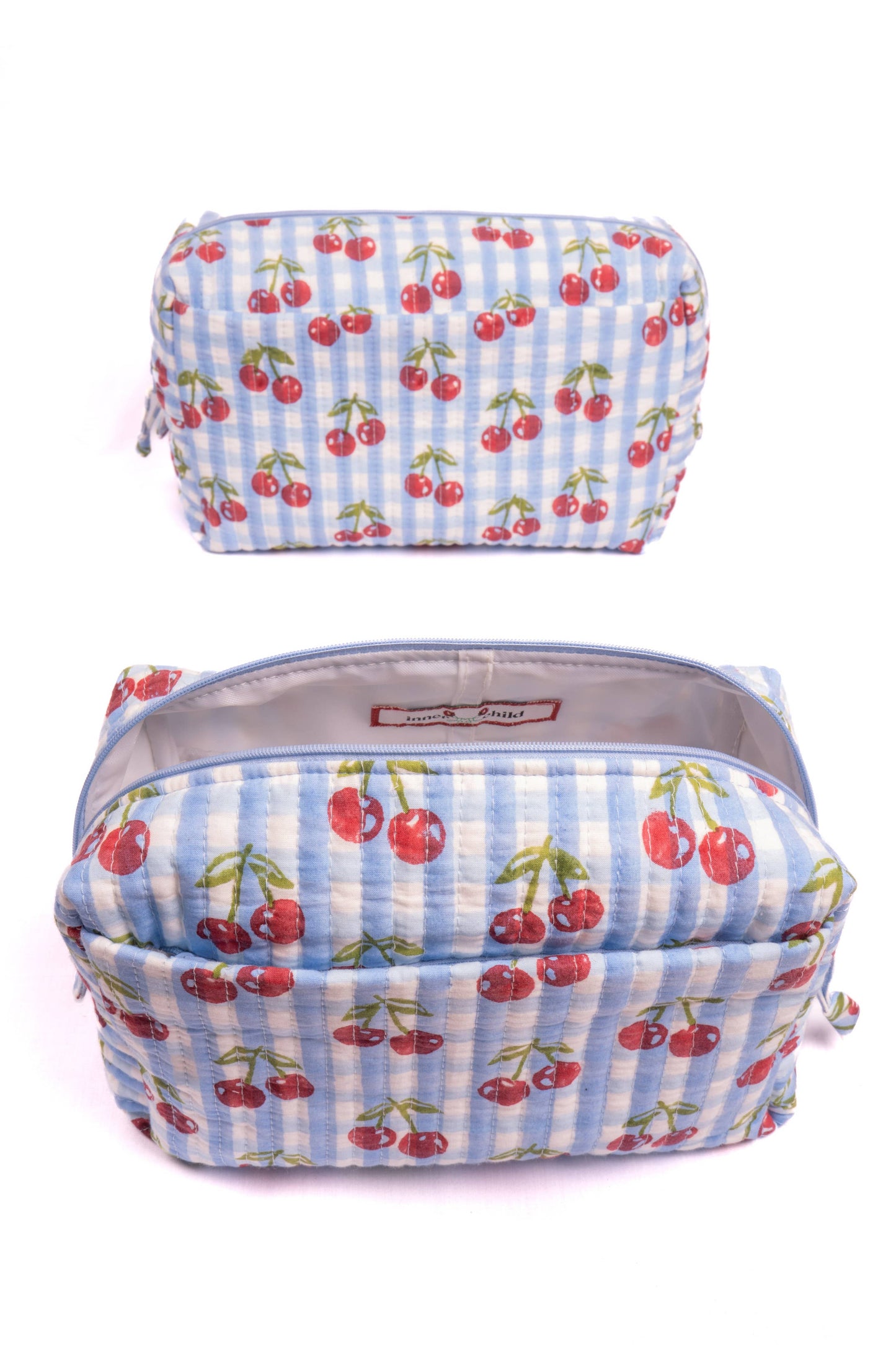 Cherry Makeup Bag in Blue Gingham Blockprint: Large