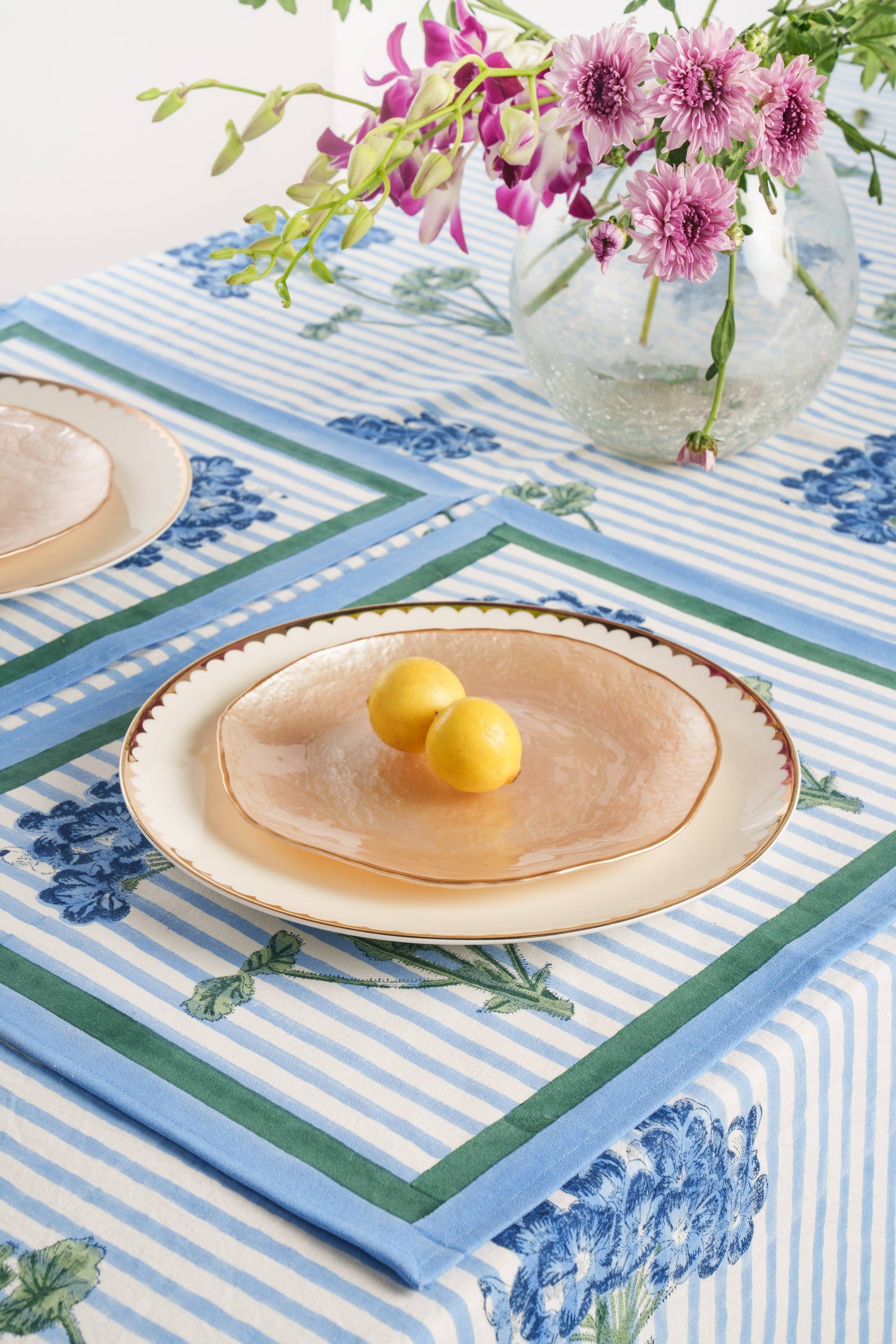 Blue Hydrangea Blockprint Tablecloth: 60x90