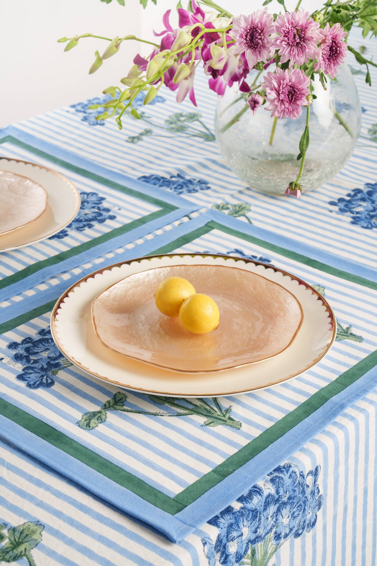 Blue Hydrangea Blockprint Tablecloth: 70x120