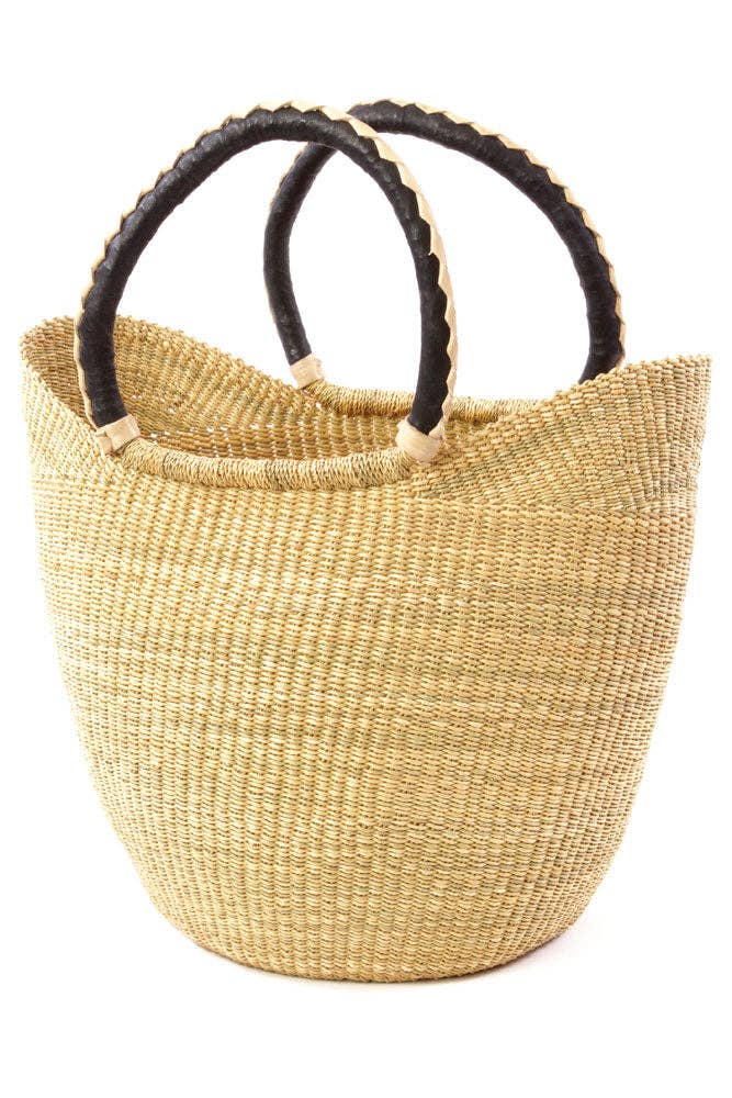 Natural Ghanaian Wing Shopper - Black and Cream Leather Handles