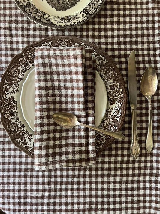 Linen Table Runner in Mini Tobacco Gingham Check