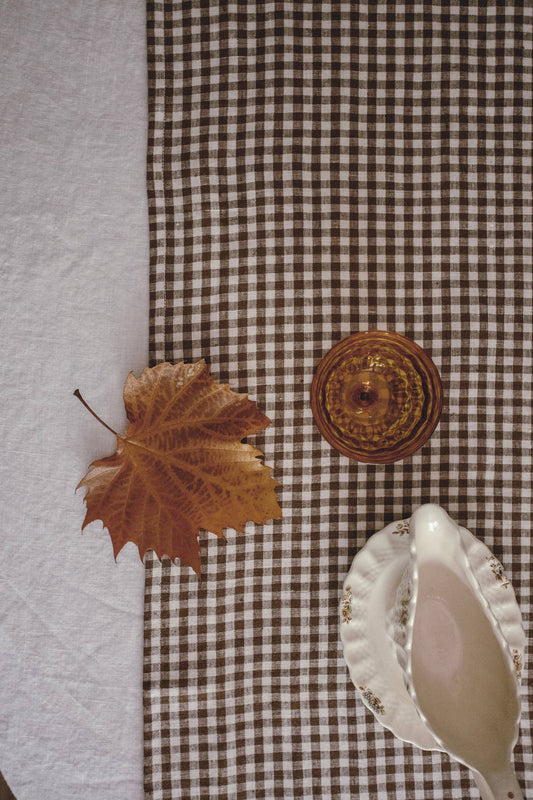 Linen Table Runner in Mini Tobacco Gingham Check