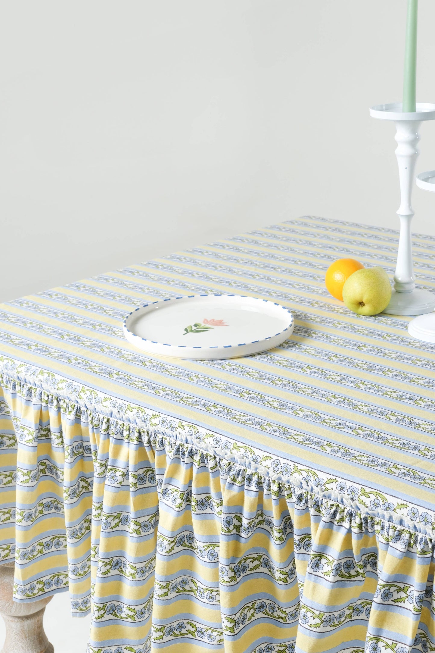 Provence Ruffled Blockprint Tablecloth in Butter Yellow: 60x90