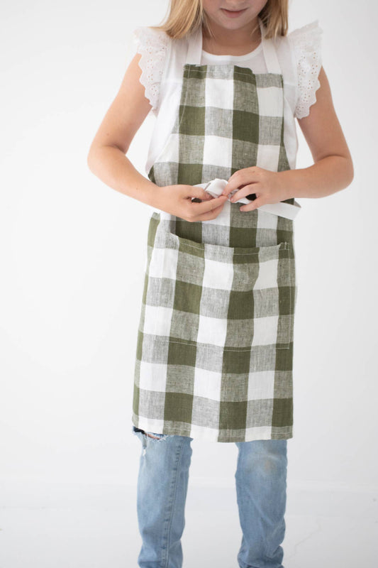 Keepsake Jar Linen Child Apron in Olive Gingham