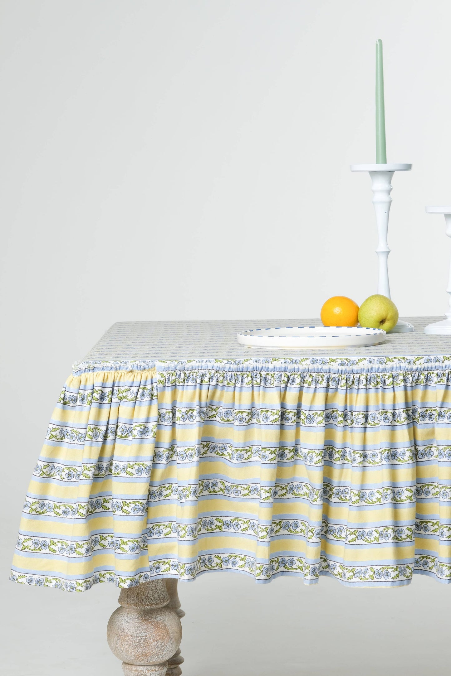 Provence Ruffled Blockprint Tablecloth in Butter Yellow: 60x90