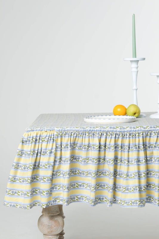 Provence Ruffled Blockprint Tablecloth in Butter Yellow: 60x90