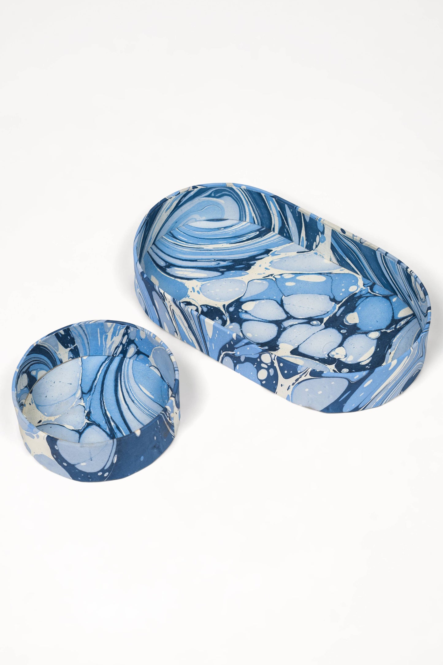 Nesting Hand-Marbled Oval Desk Tray Set in Ocean Wave