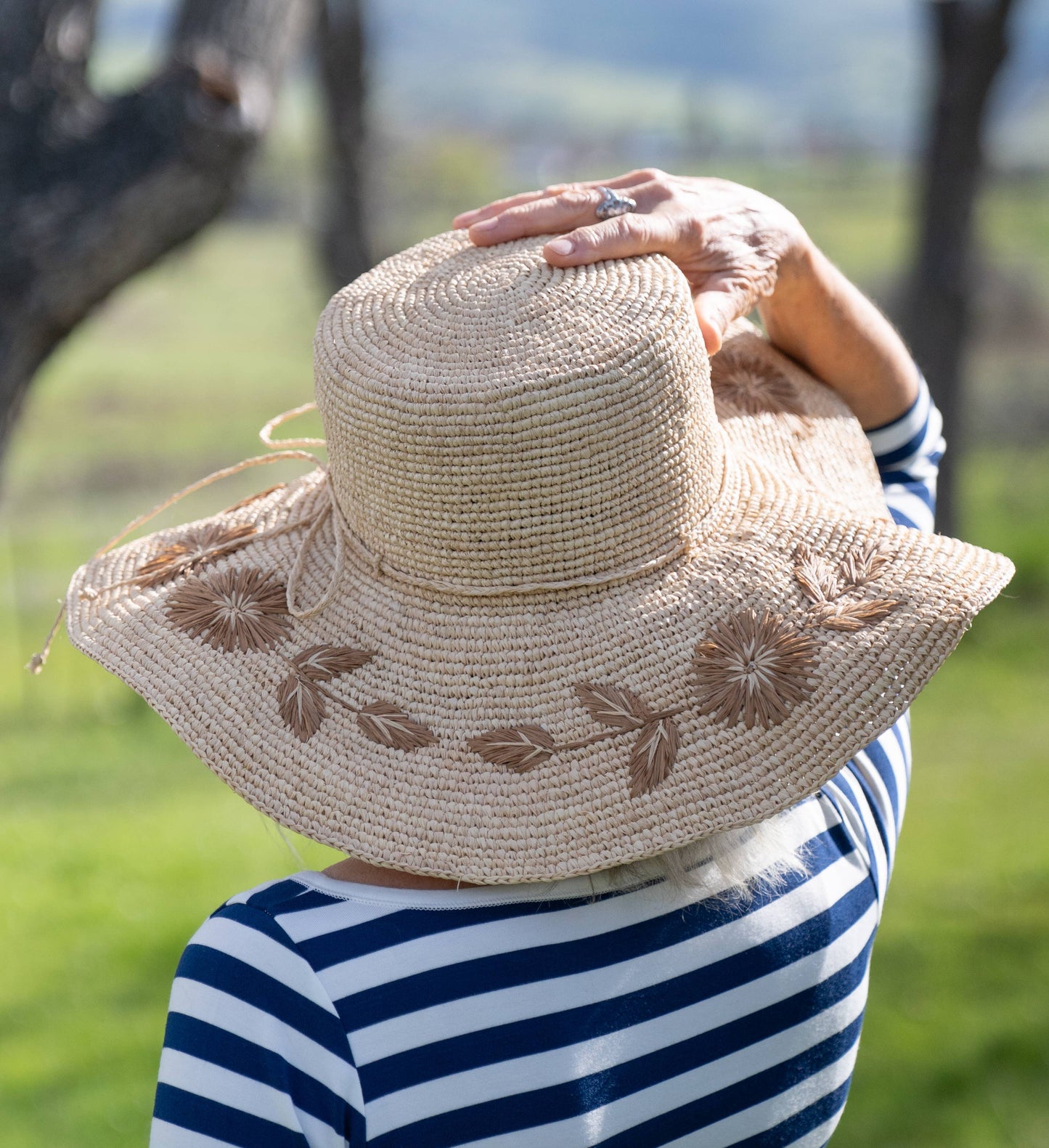 Gigi 5.5" Brim Floral Embroidered Crochet Straw Sun Hats