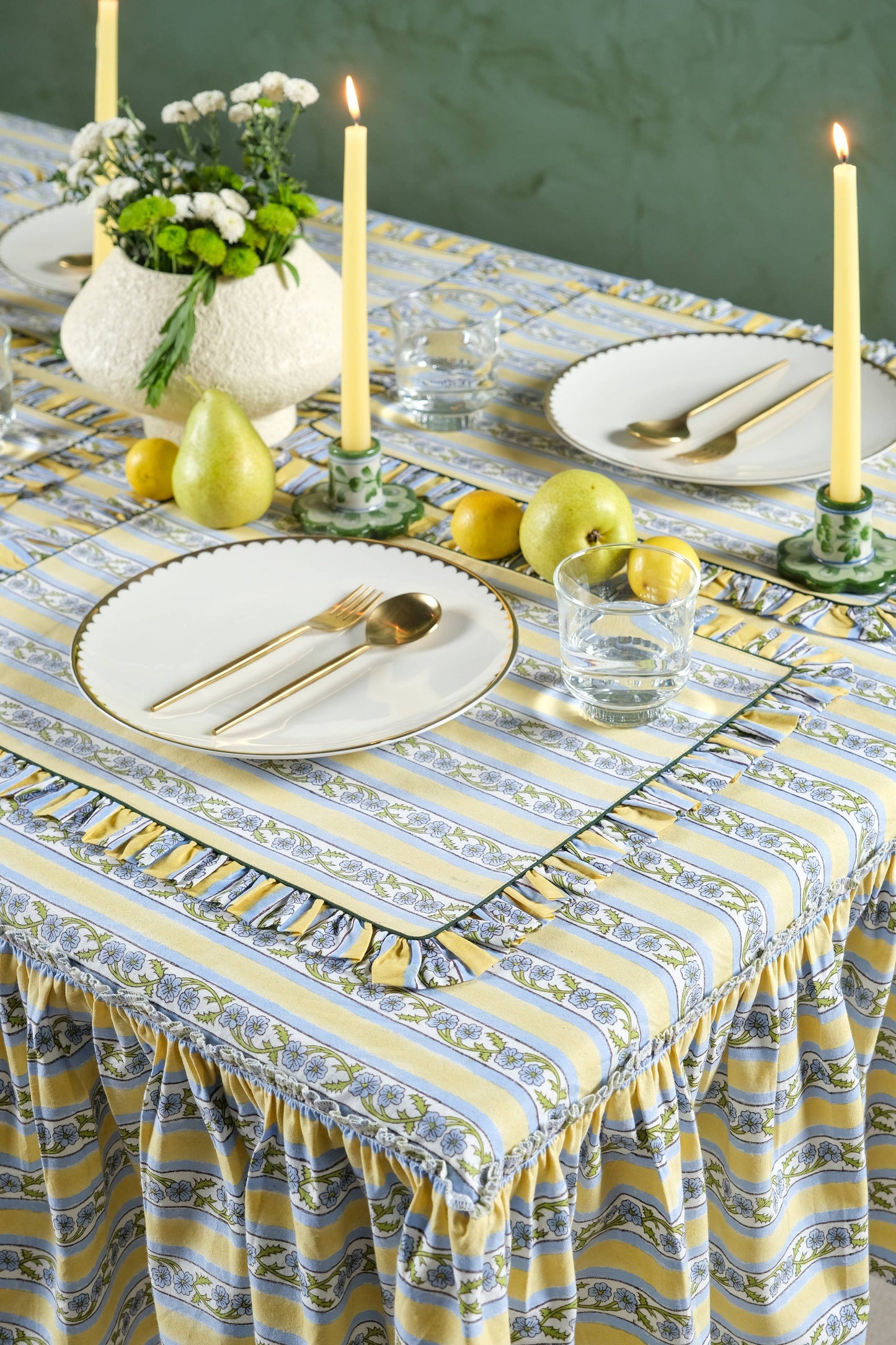 Provence Ruffled Blockprint Tablecloth in Butter Yellow: 60x90