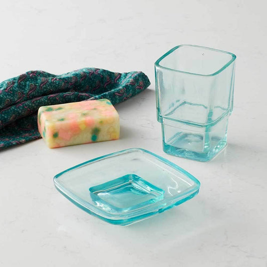 Teal Recycled Glass Cup & Dish Bathroom Set