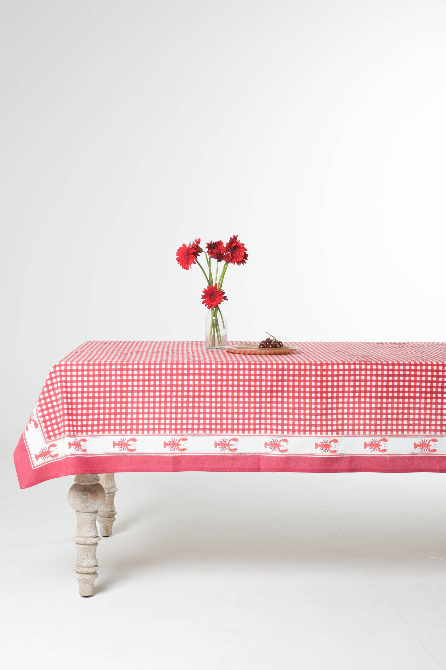 Lobster Red Gingham Blockprint Tablecloth: 70x120