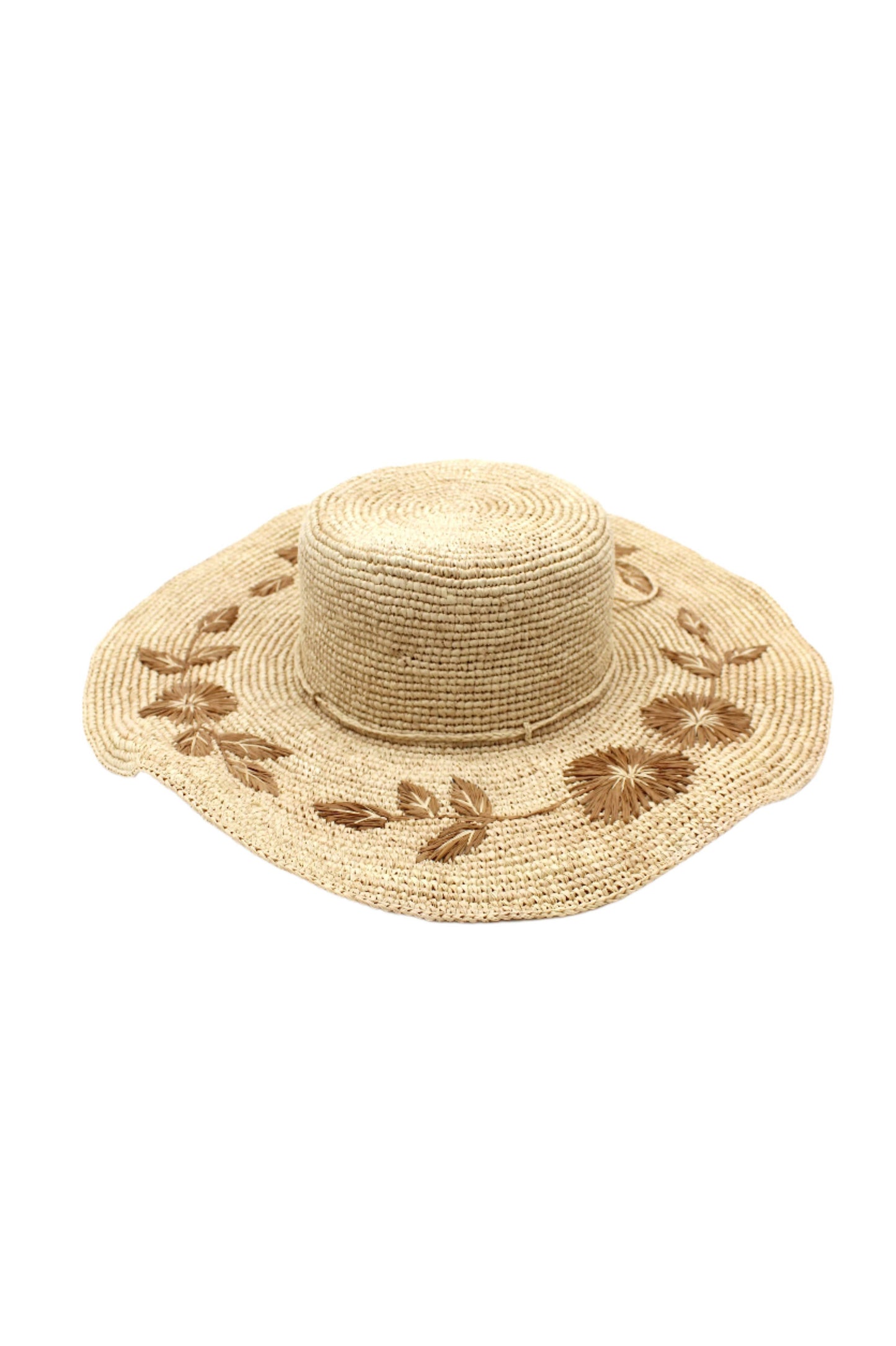Gigi 5.5" Brim Floral Embroidered Crochet Straw Sun Hats