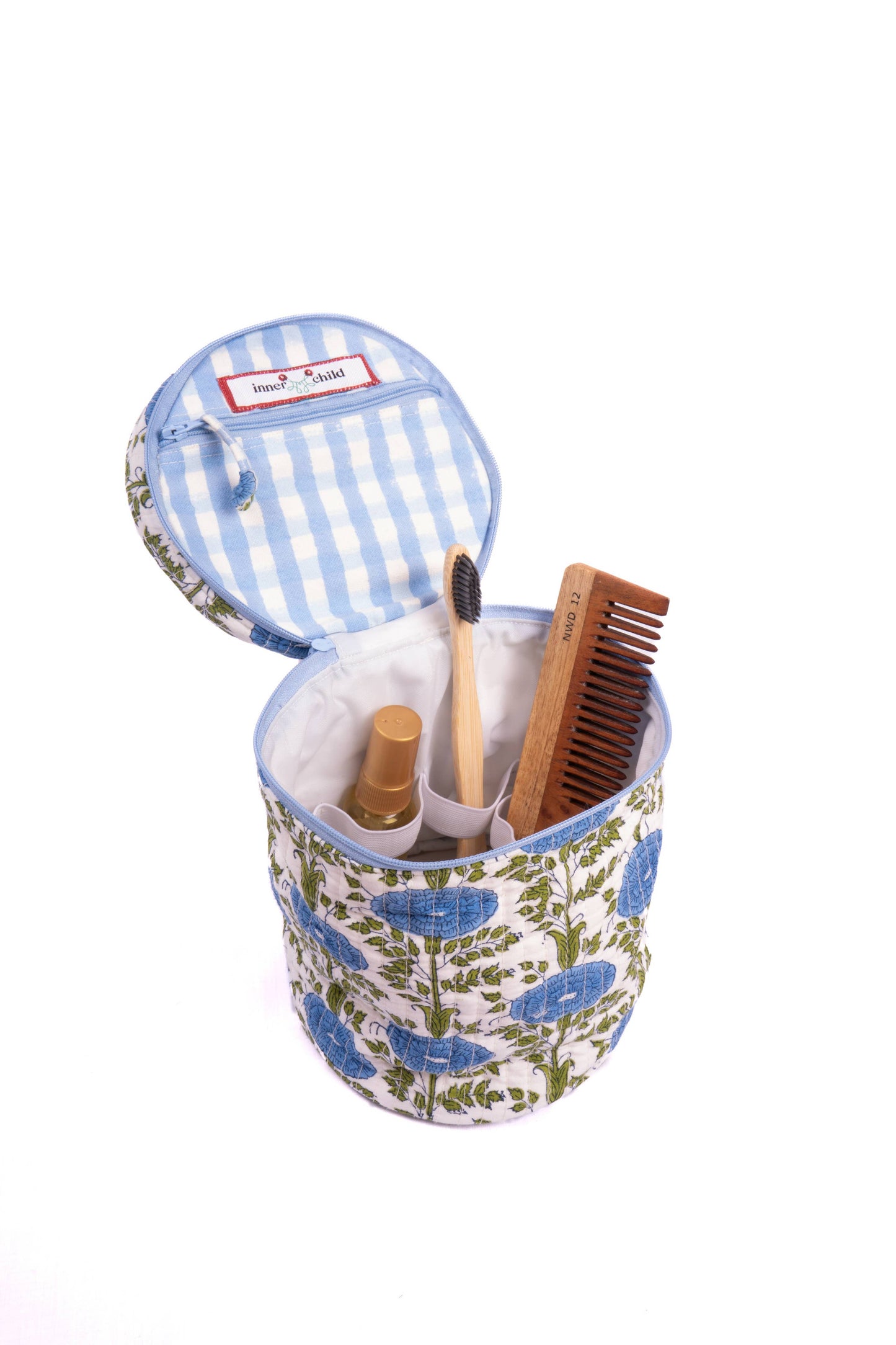 Blue Araminta Round Upright Makeup Bag